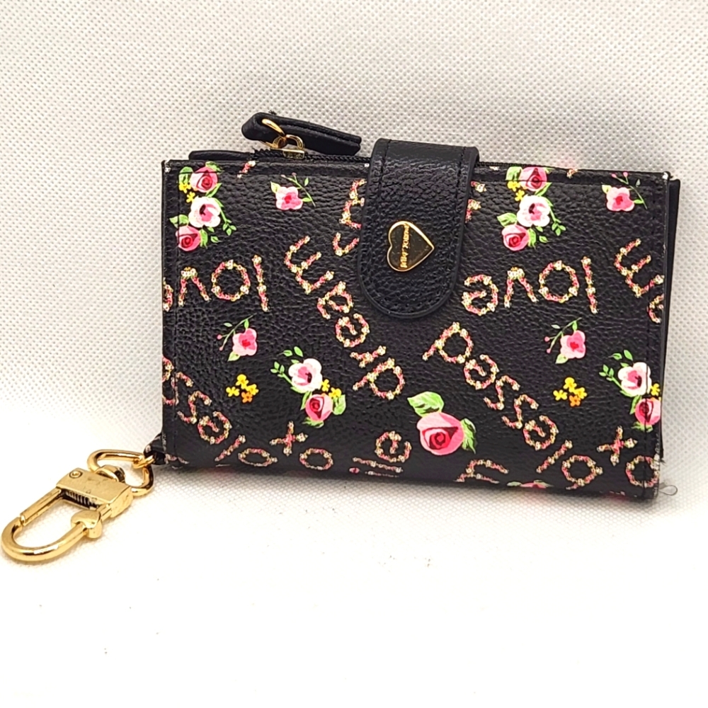 Betsey Johnson Card Wallet Black With Roses And Graphics. Blessed, Love, Dream